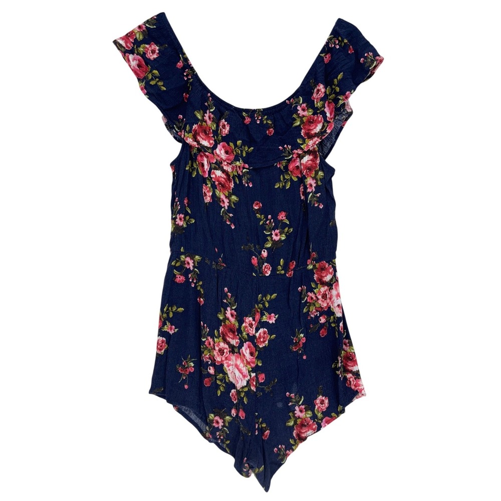See You Monday Navy Blue Floral Romper XL Ruffle Off Shoulder Tassel Boho JS9208